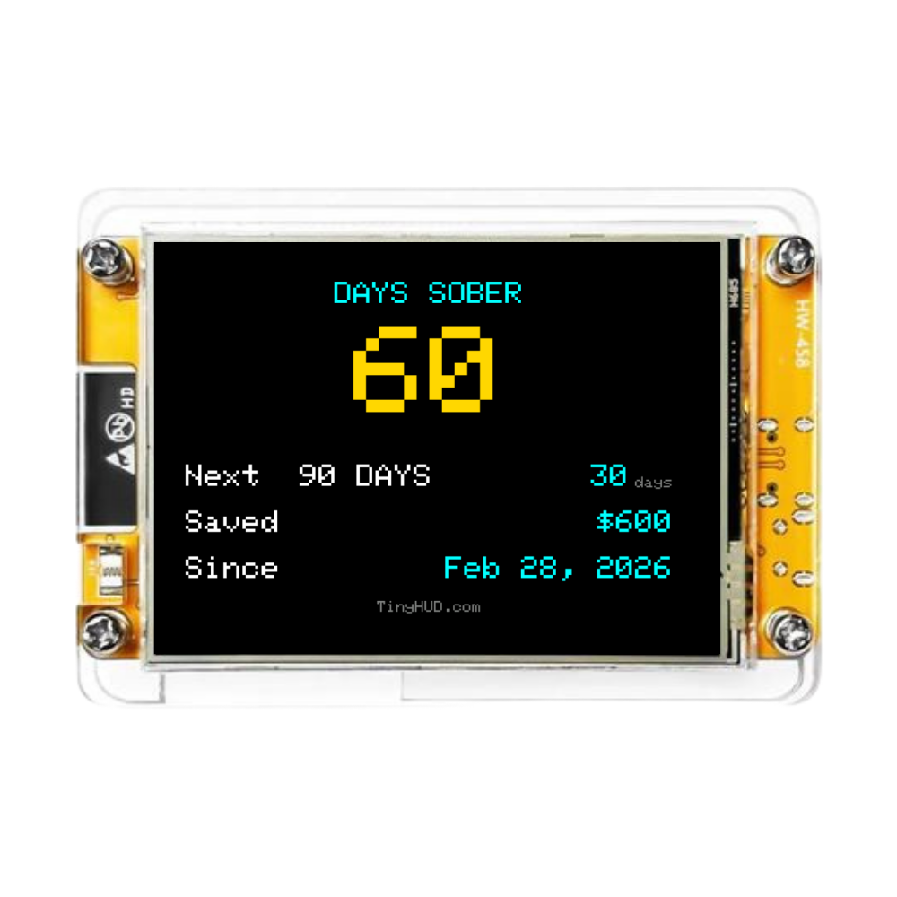 TinyHUD desk display running the sober streak app, showing 60 days sober, front view
