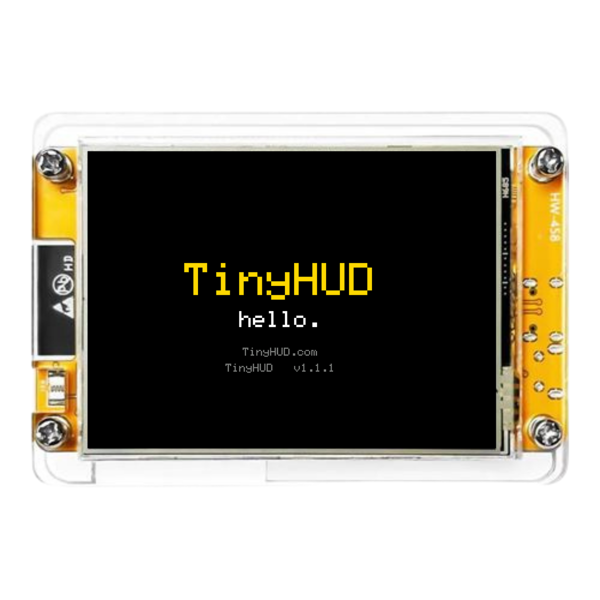 TinyHUD 2.8 inch WiFi desk display showing the hello welcome screen, front view