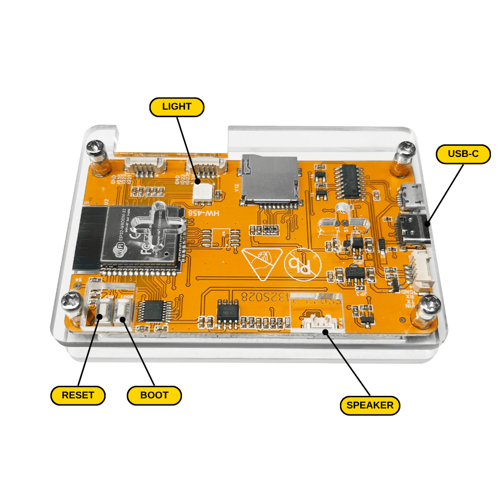 Board diagram: TinyHUD circuit board diagram labeling the light, USB-C port, reset button, boot button and speaker