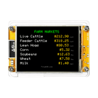 Farm markets front: TinyHUD desk display showing the farm markets app with live cattle, hog, corn, soybean, and milk prices