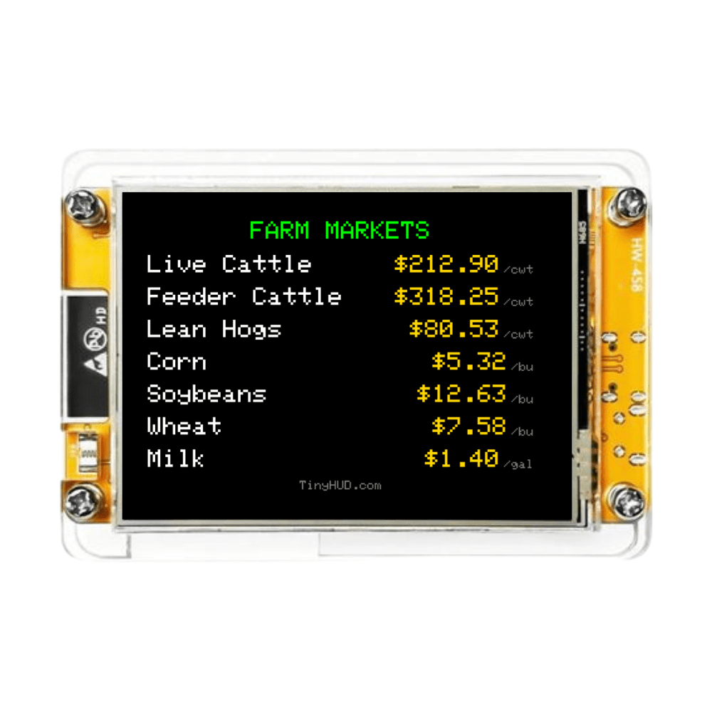 Farm markets front: TinyHUD desk display showing the farm markets app with live cattle, hog, corn, soybean, and milk prices