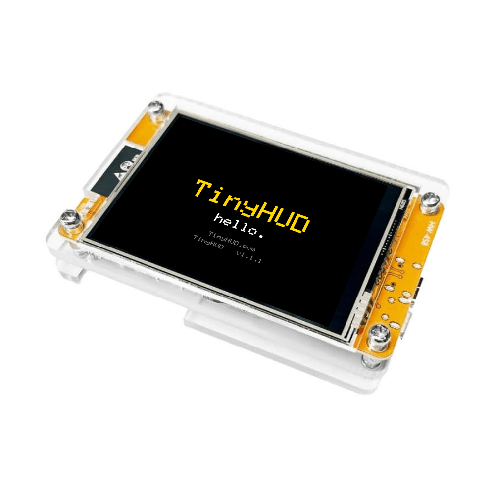 Hello angled: TinyHUD mini desk display in a clear case showing the hello welcome screen, angled view