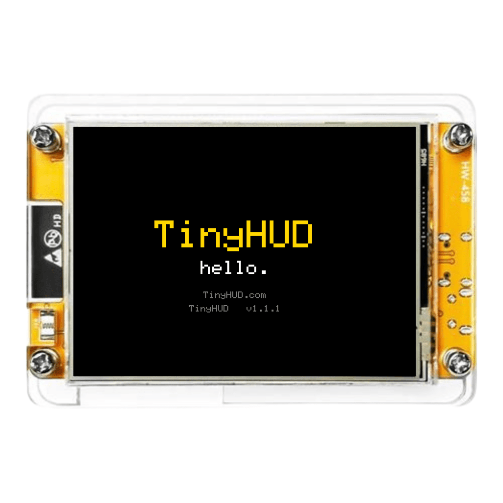 Hello flat: TinyHUD 2.8 inch WiFi desk display showing the hello welcome screen, front view